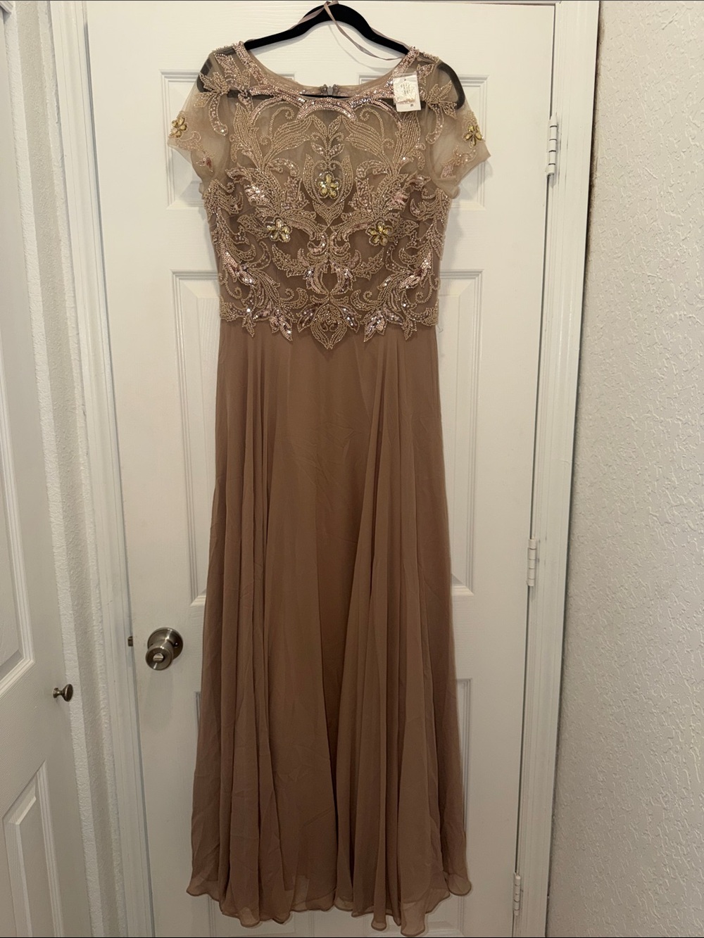 Xscape Taupe Beaded Maxi Evening Gown